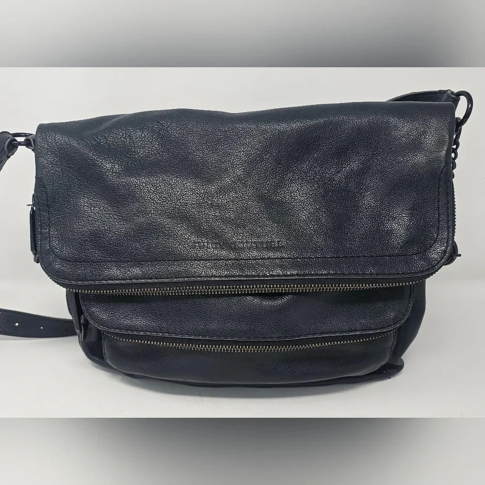Juicy Couture Black Leather Double Fold Over Flap Zip Crossbody